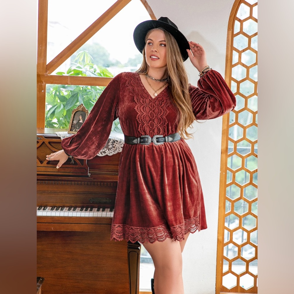 🍁50% Off Rdy 4 Fall Sale RUSTTYDUSTTY Velvet Lace Trimmed Mini Babydoll Long Sl